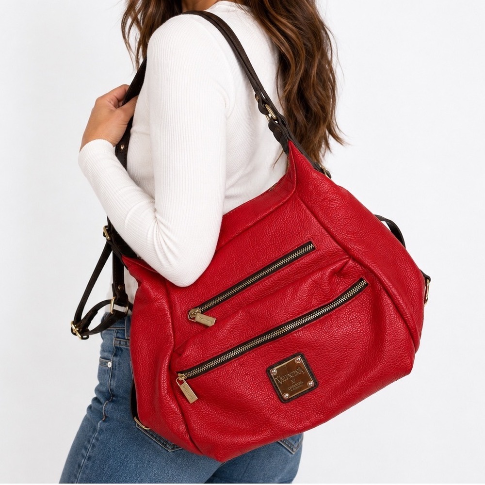 Valentina Vintage Y2K Red Pebbled Leather Slouchy Hobo Shoulder Bag Purse
